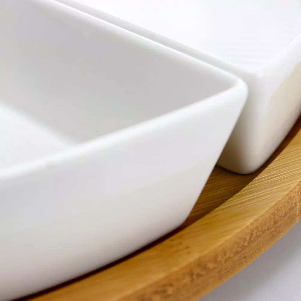Elama Signature Collection Stoneware Appetizer and Condiment Server Set with Bamboo Lazy Susan Tray