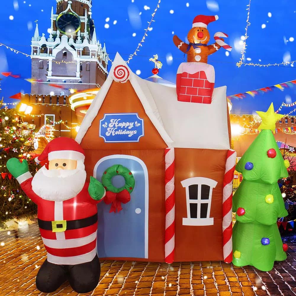 JOYDECOR 7 ft. Santa Claus & Gingerbread House Christmas Inflatable with LED Lights