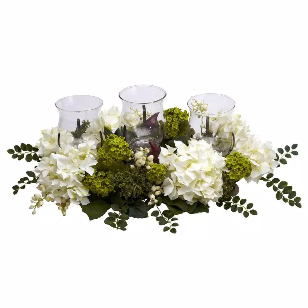 Nearly Natural 9.5 in. White Snowball Hydrangea Triple Candelabrum Decorative Floral Arrangement