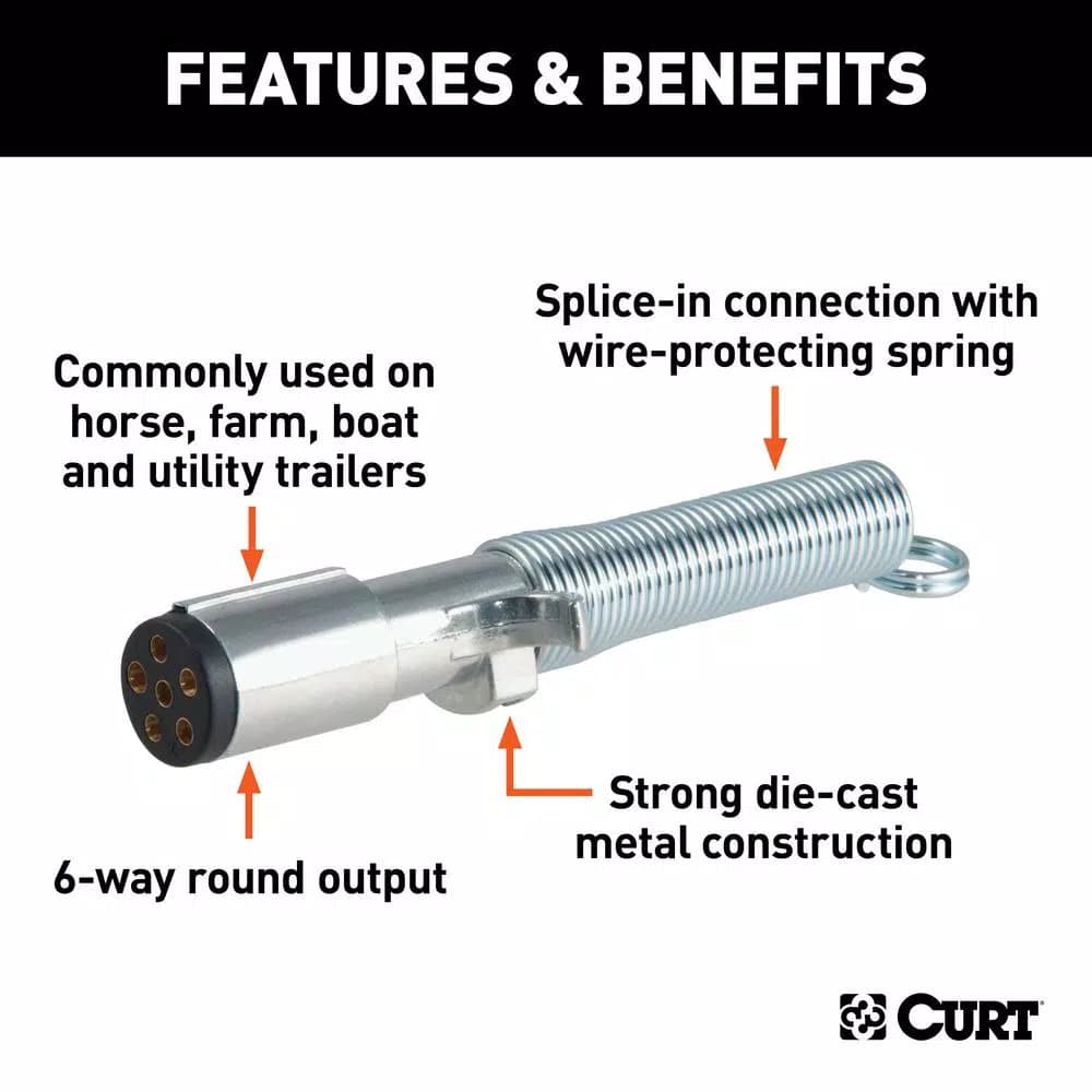 CURT 6-Way Round Trailer Connector Plug with Spring (Trailer Side)