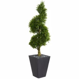 Nearly Natural 5 ft. Artificial Boxwood Spiral Topiary Tree in Slate Planter with River Rocks thumbnail 1