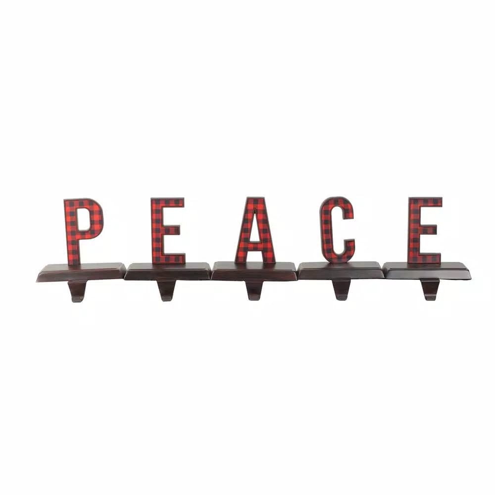 Northlight 6 in. Black and Red Buffalo Plaid Peace Christmas Stocking Holders, Set of 5
