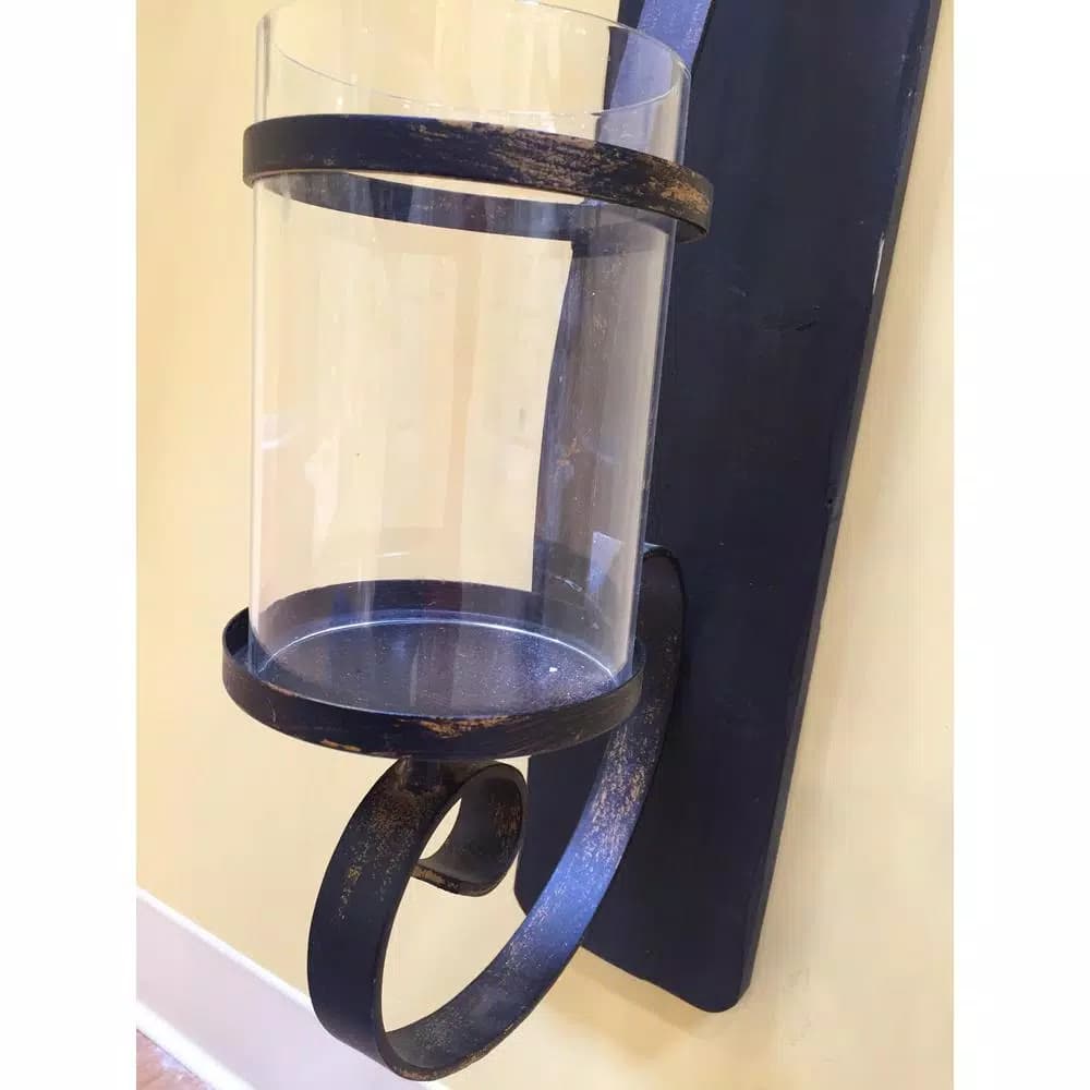 LITTON LANE 36 in. Scrolled Wrought Iron Wall Sconce Candle Holder with Glass Hurricane, Deep Bronze