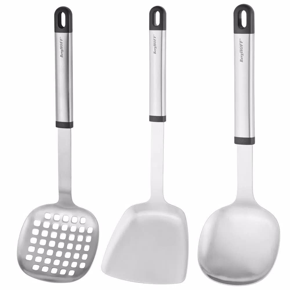 BergHOFF Essentials 3-Piece Stainless Steel Asian Prep Utensil Set - Skimmer, Chinese Turner, and Rice Spoon