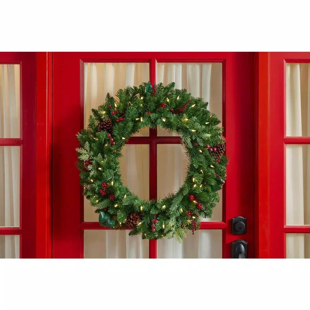 Home Accents Holiday 30 in. Winslow Fir Pre-lit Artificial Christmas Wreath with 50 Warm White LED Lights and Timer