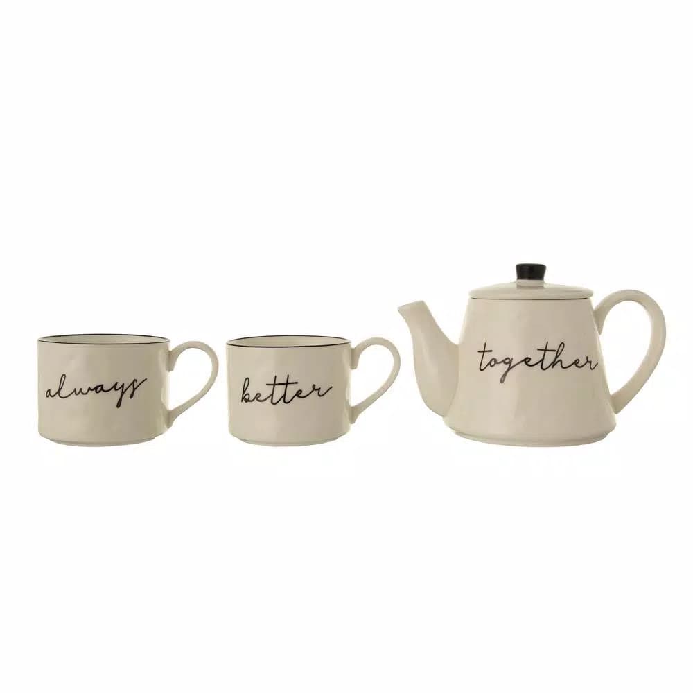 3R Studios White Stoneware Stackable Teapot and 2 Mugs Set, 18 oz.