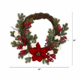 Nearly Natural 19in. Poinsettia with Berries and Cotton Artificial Wreath thumbnail 2