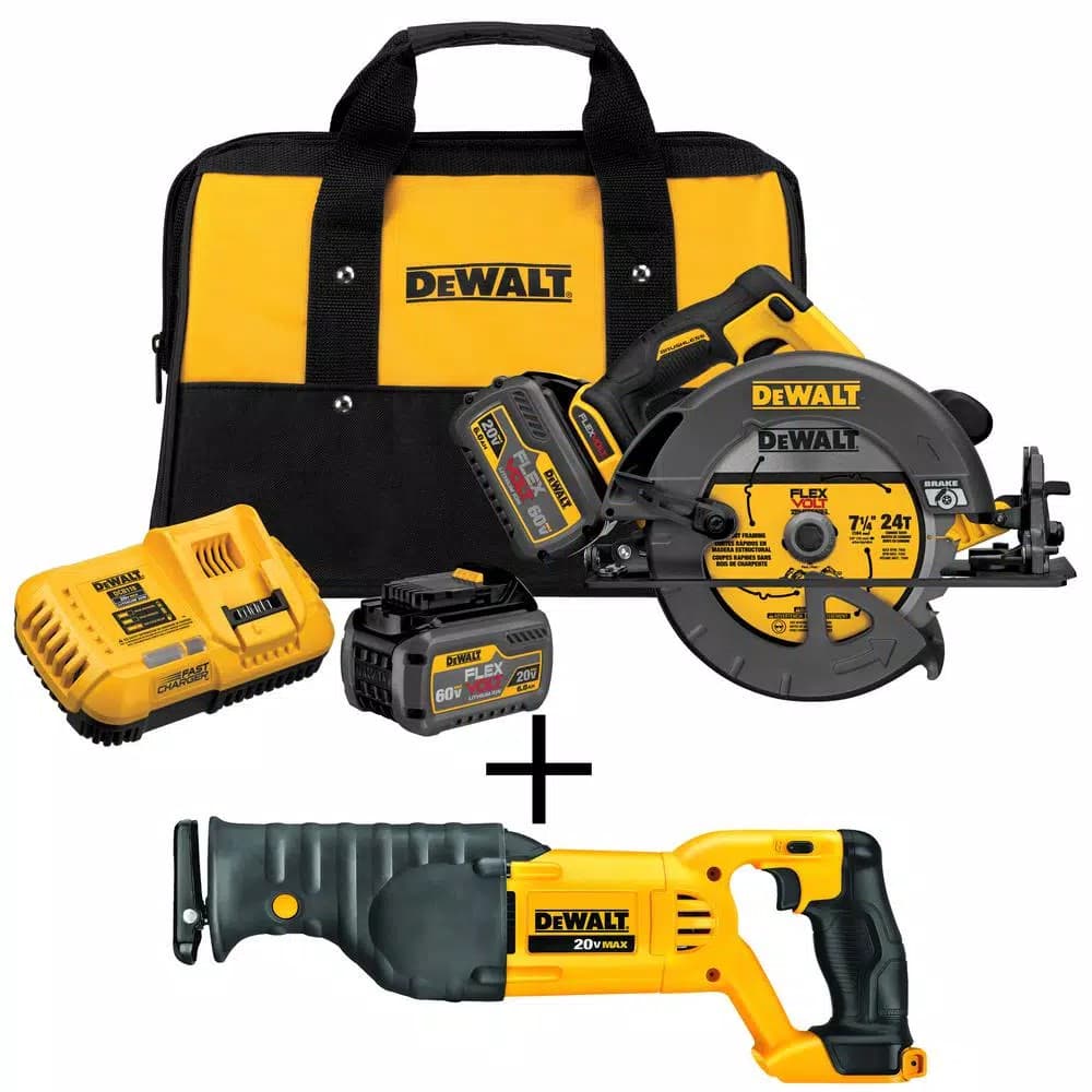 DEWALT FLEXVOLT 60V MAX Brushless 7-1/4 in. Circular Saw Combo Kit with (2) 6.0Ah Batteries & Reciprocating Saw