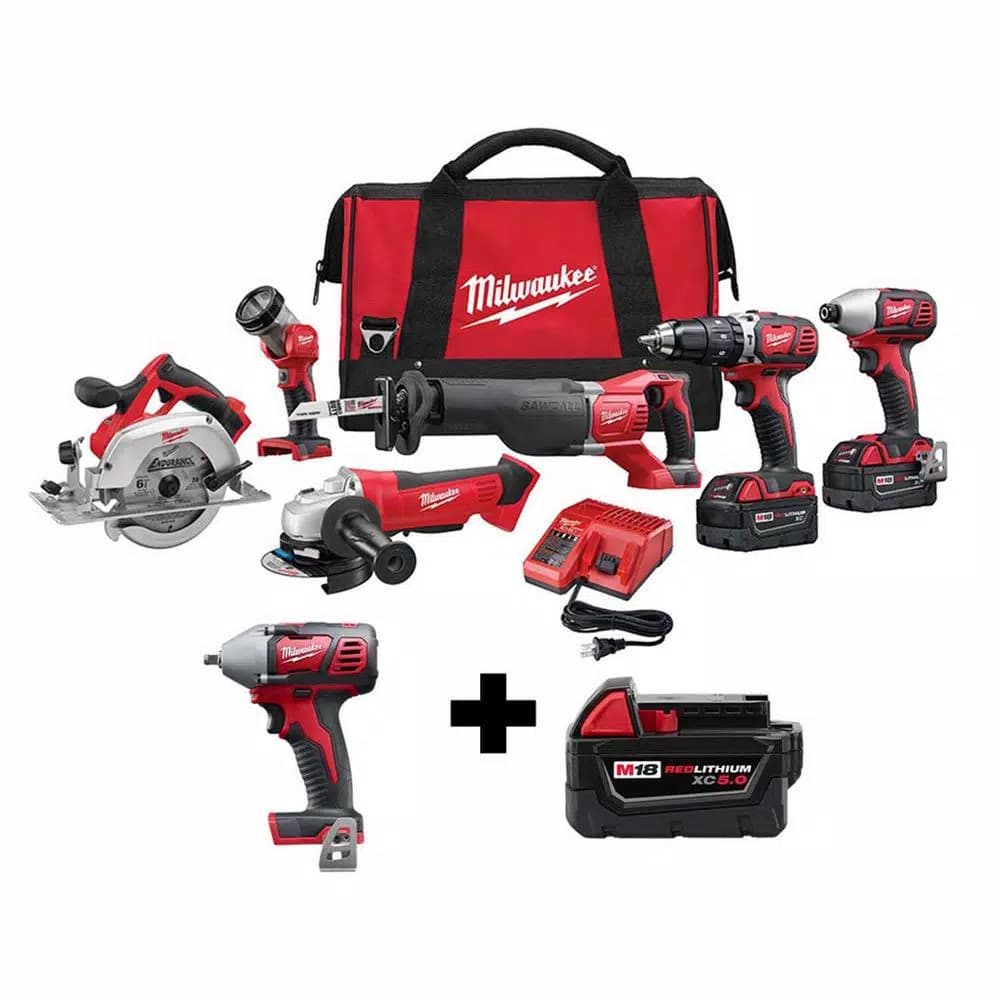 Milwaukee M18 18V Lithium-Ion Cordless 7-Tool Combo Kit w/ 3/8 in. Impact Wrench & 5.0 Ah Battery