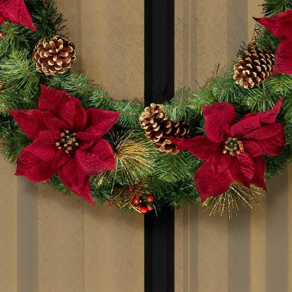 Home Accents Holiday 36 in. Burgundy Poinsettia and Mixed Pine Wreath with Berries, Gold Glitter Cedar and Pinecones