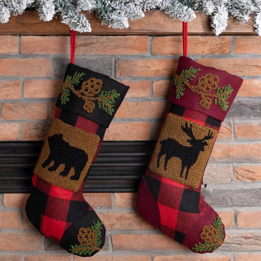 Glitzhome 19 in. Acrylic Plaid Christmas Stockings with Rug Hooked Reindeer and Bear (Set of 2)