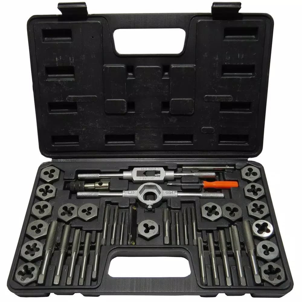Drill America 40-Piece Metric Carbon Steel Tap and Die Set, 3 mm - 12 mm Hex Dies with 2 Tap Wrenches