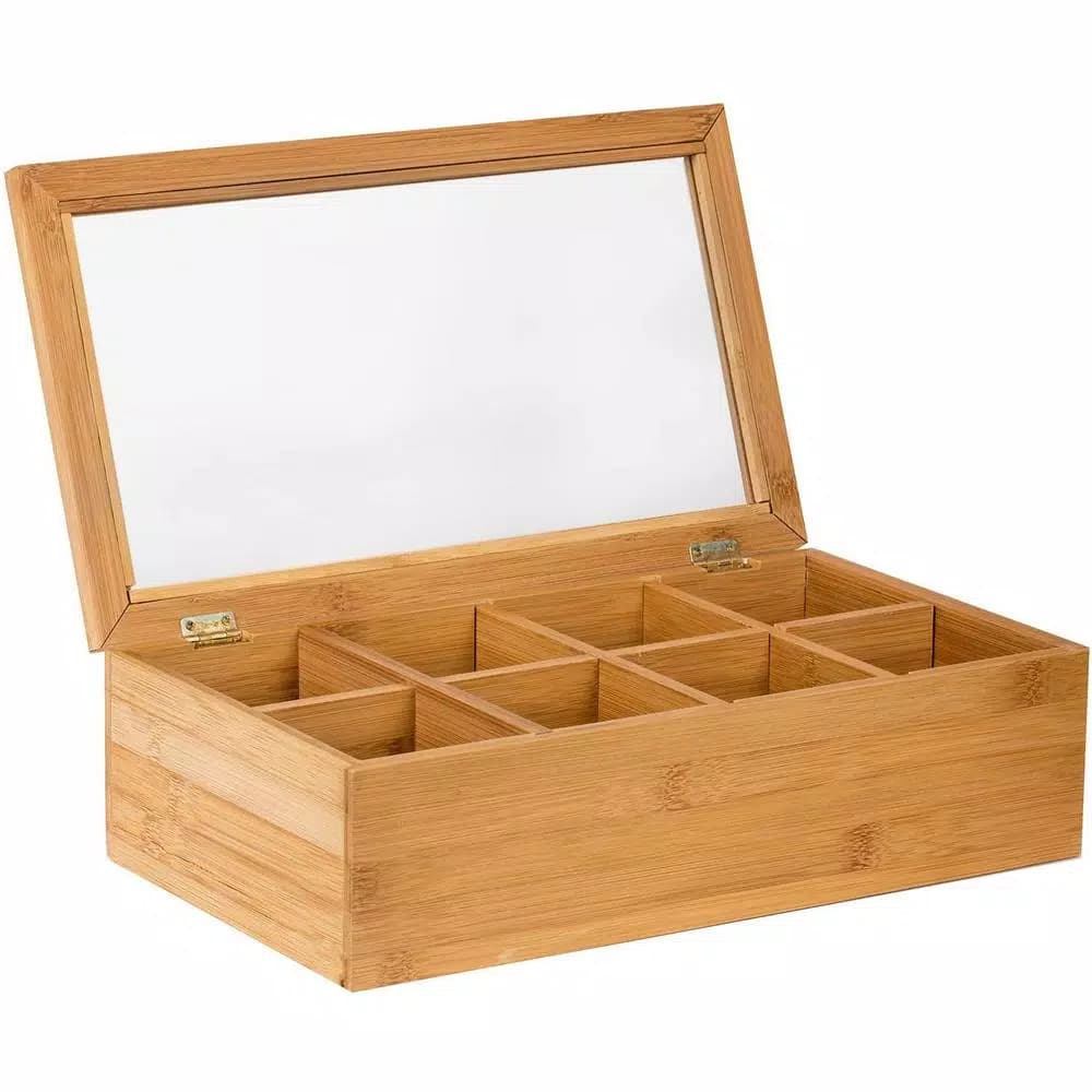 Unbranded Natural Bamboo Tea Storage Box with Transparent View Window, 120+ Tea Bag Capacity