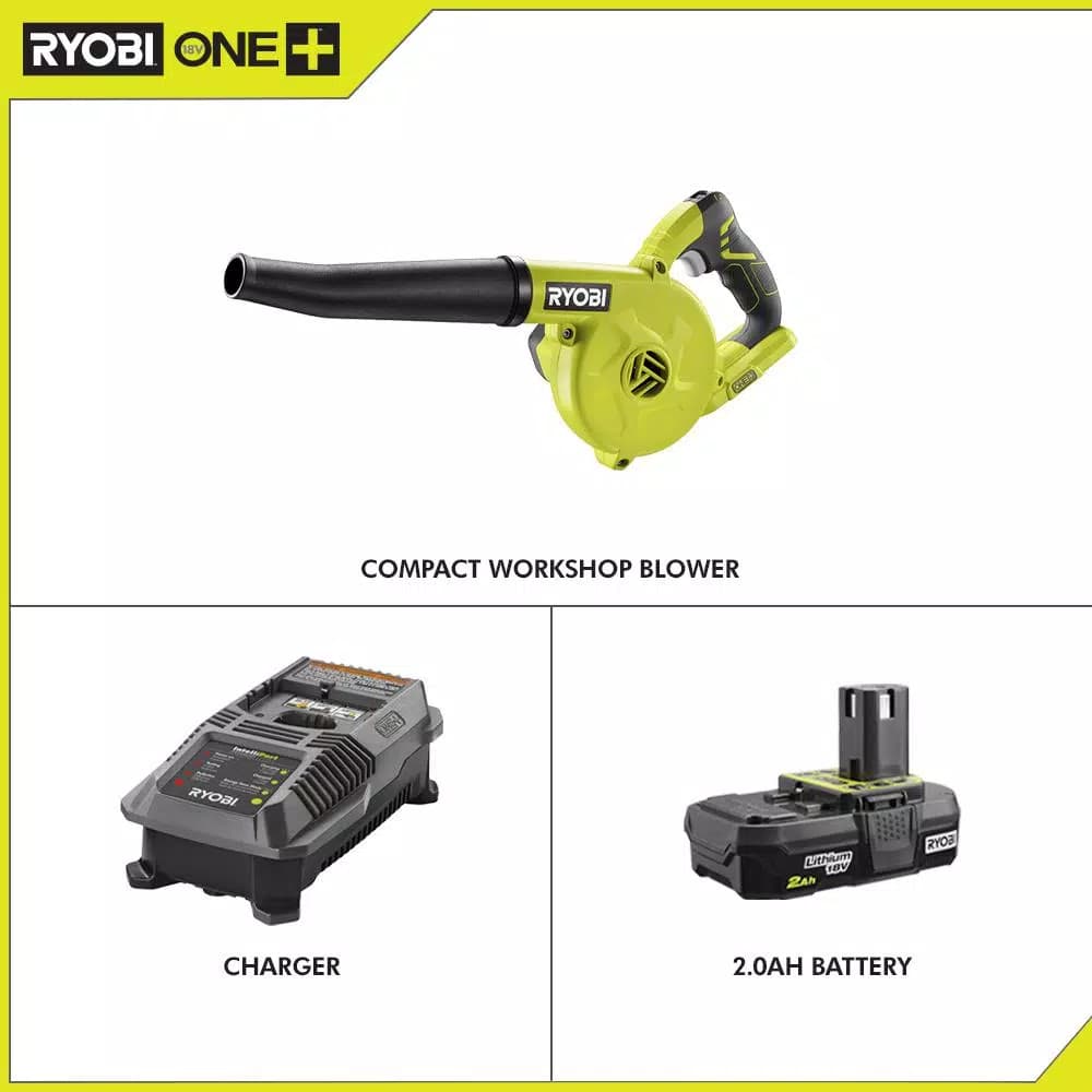 RYOBI 18V ONE+ Cordless Compact Workshop Blower Kit with 2.0 Ah Battery and Charger
