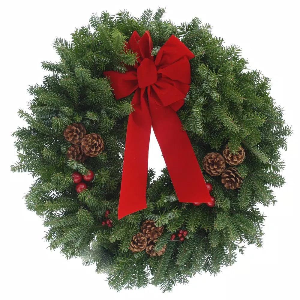 Worcester Wreath 24 in. Fresh Maine Balsam Fir Classic Christmas Wreath with Red Velvet Bow
