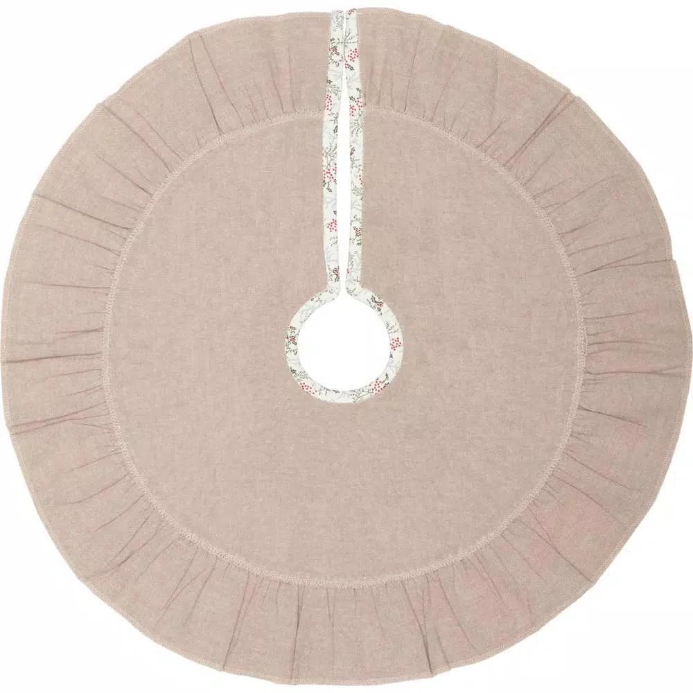 VHC Brands 21 in. Carol Khaki Tan & Winter Floral Ruffled Farmhouse Christmas Tree Skirt