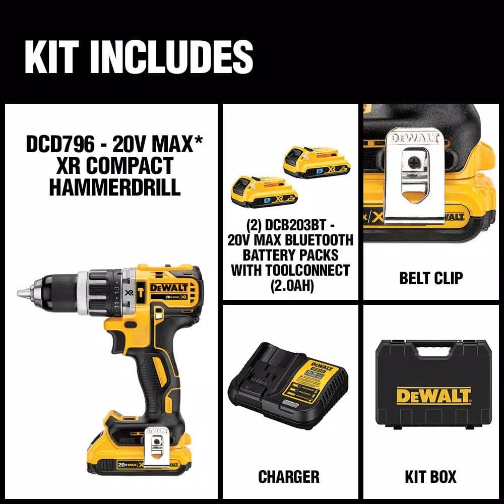 DEWALT 20V MAX XR Brushless 1/2 in. Hammer Drill/Driver Kit with (2) 2.0Ah Bluetooth Batteries