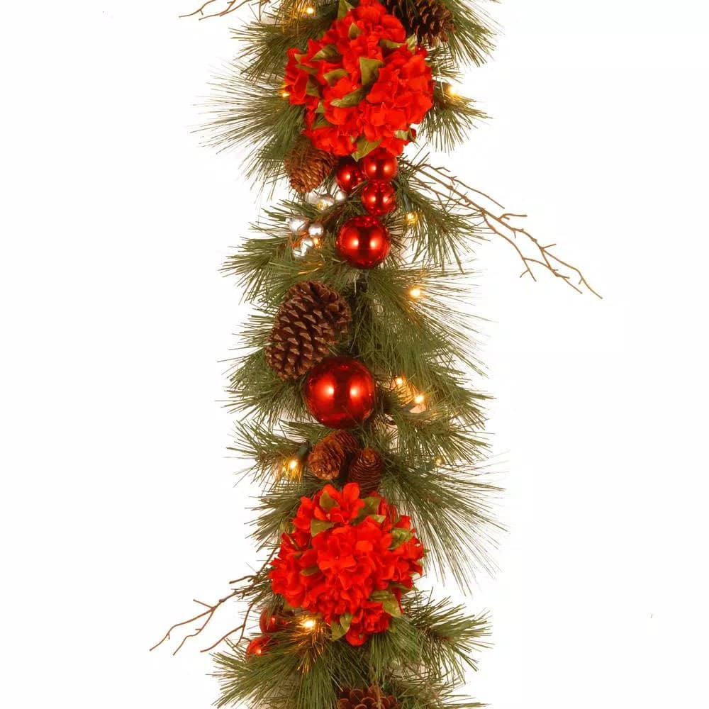 Unbranded 9 ft. Hydrangea Garland with Red Ornaments, Pine Cones & Warm White LED Lights