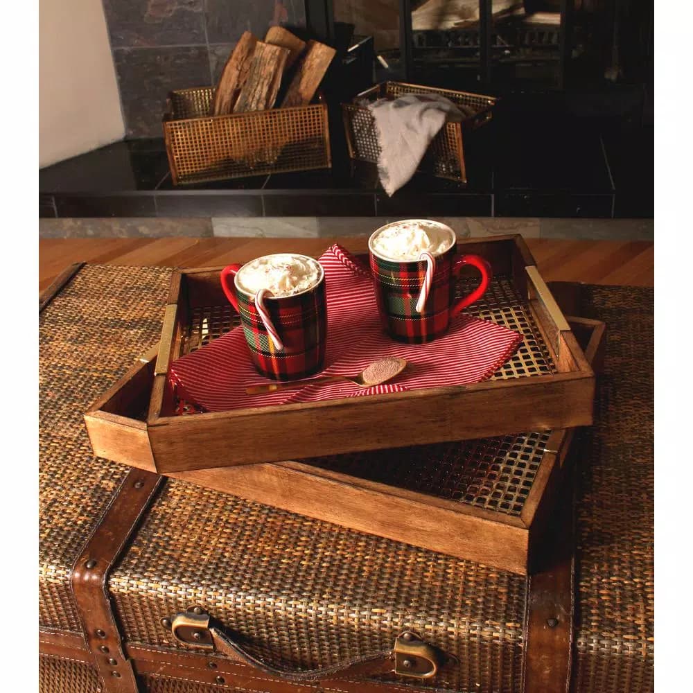 Kate and Laurel Hanneli Gold and Walnut Decorative Tray Set of 2 - Modern Glam Perforated Metal and Wood Trays
