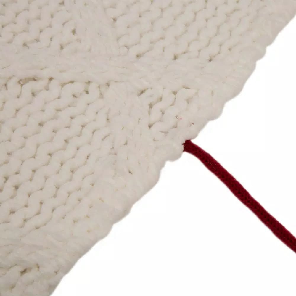 Glitzhome 52 in. White Knitted Chenille Christmas Tree Skirt with Red Trim and Pompoms