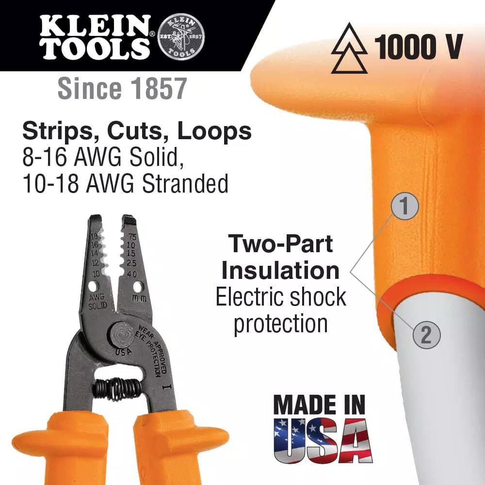 Klein Tools 7 in. Insulated Wire Stripper & Cutter, 10-18 AWG Solid Wire, 1000V Rated