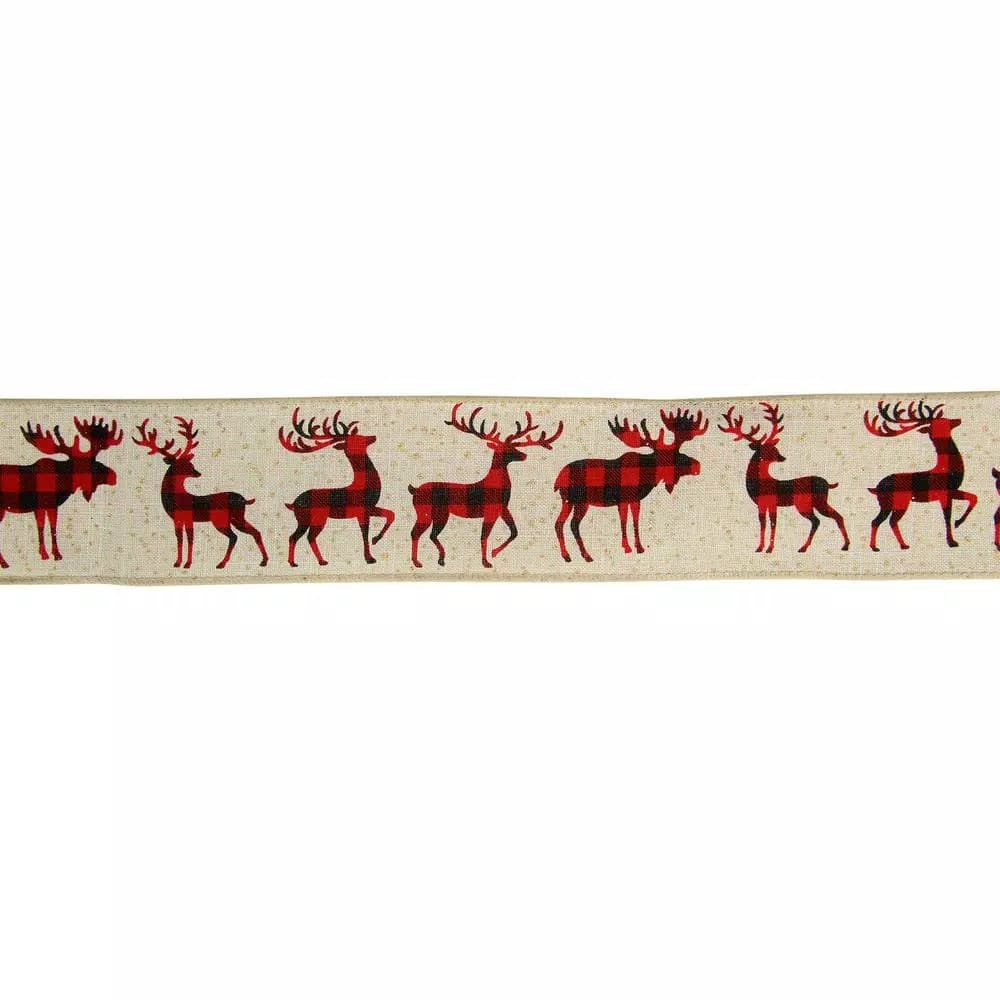 Northlight 2.5 in. x 16 yds. Buffalo Plaid Reindeer Sparkle Burlap Style Wired Craft Ribbon