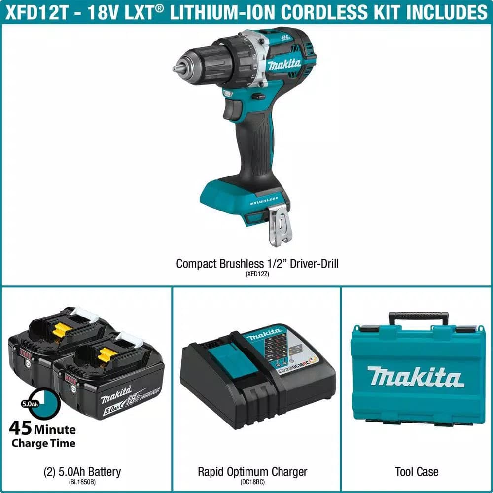 Makita 18V LXT Brushless 1/2 in. Driver-Drill Kit with Two 5.0 Ah Batteries, Charger, and Bag