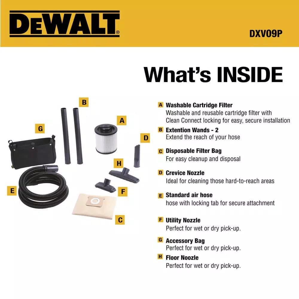 DEWALT 9 Gal. Wet/Dry Vacuum with 5 Peak HP Motor and Fine-Dust Cartridge Filter