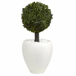 Nearly Natural 26 in. Artificial Boxwood Topiary Tree with White Oval Planter and River Rocks thumbnail 1