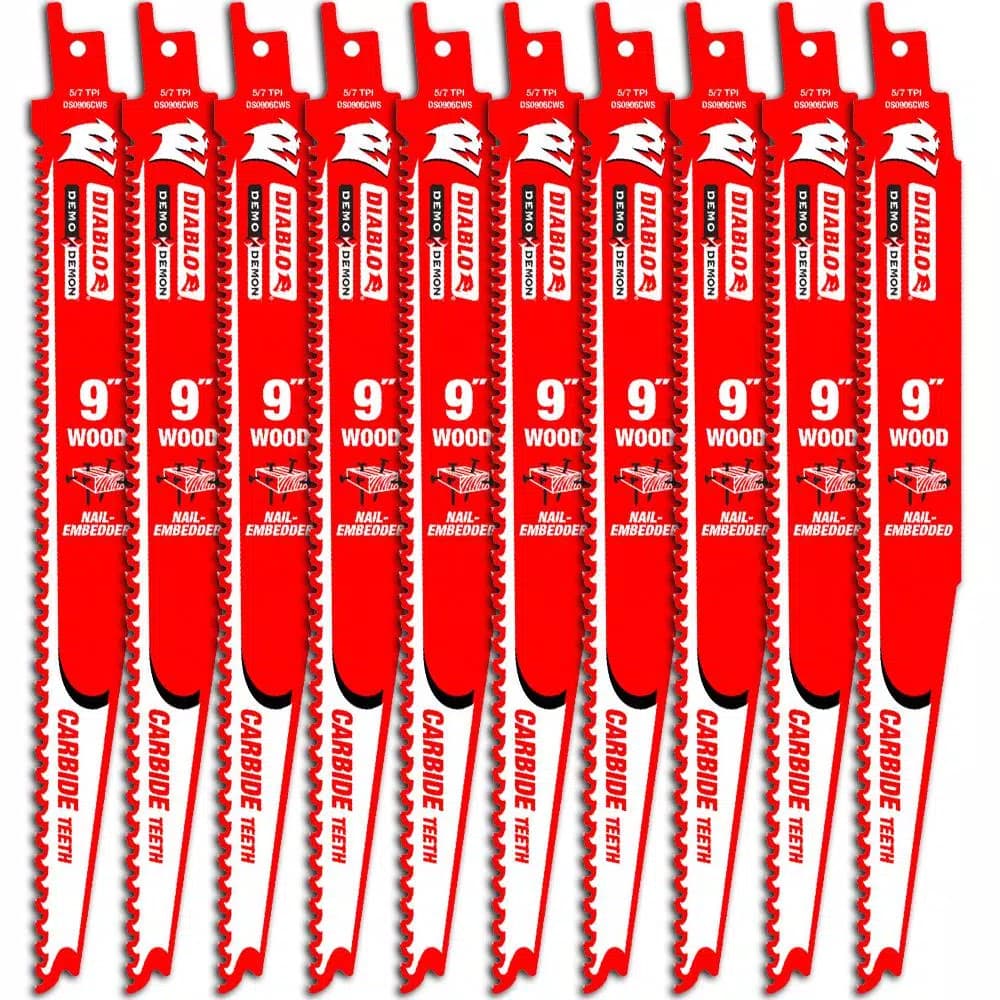 Diablo Demo Demon 9 in. Carbide Reciprocating Saw Blades for Nail-Embedded Wood, 5/7 TPI, 10-Pack