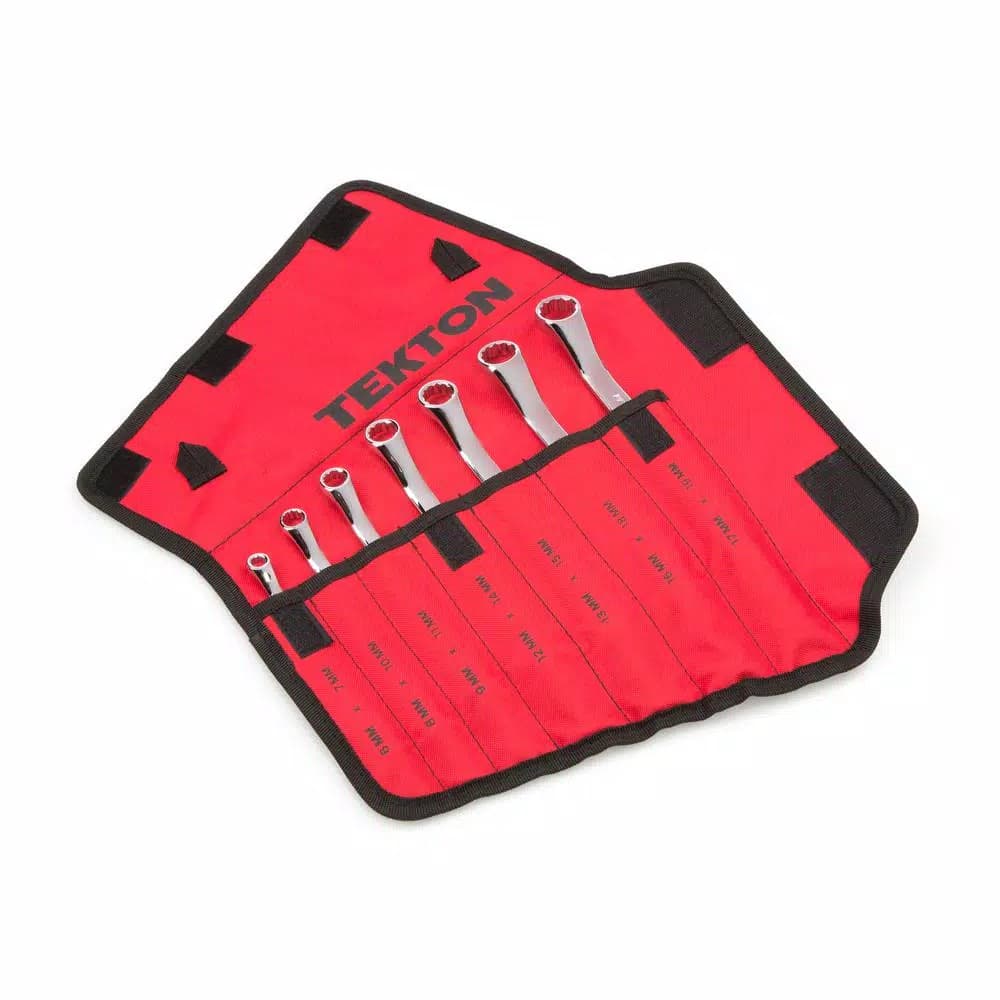 TEKTON 7-Piece Metric 45° Offset Box End Wrench Set with Roll-Up Pouch, 6-19 mm