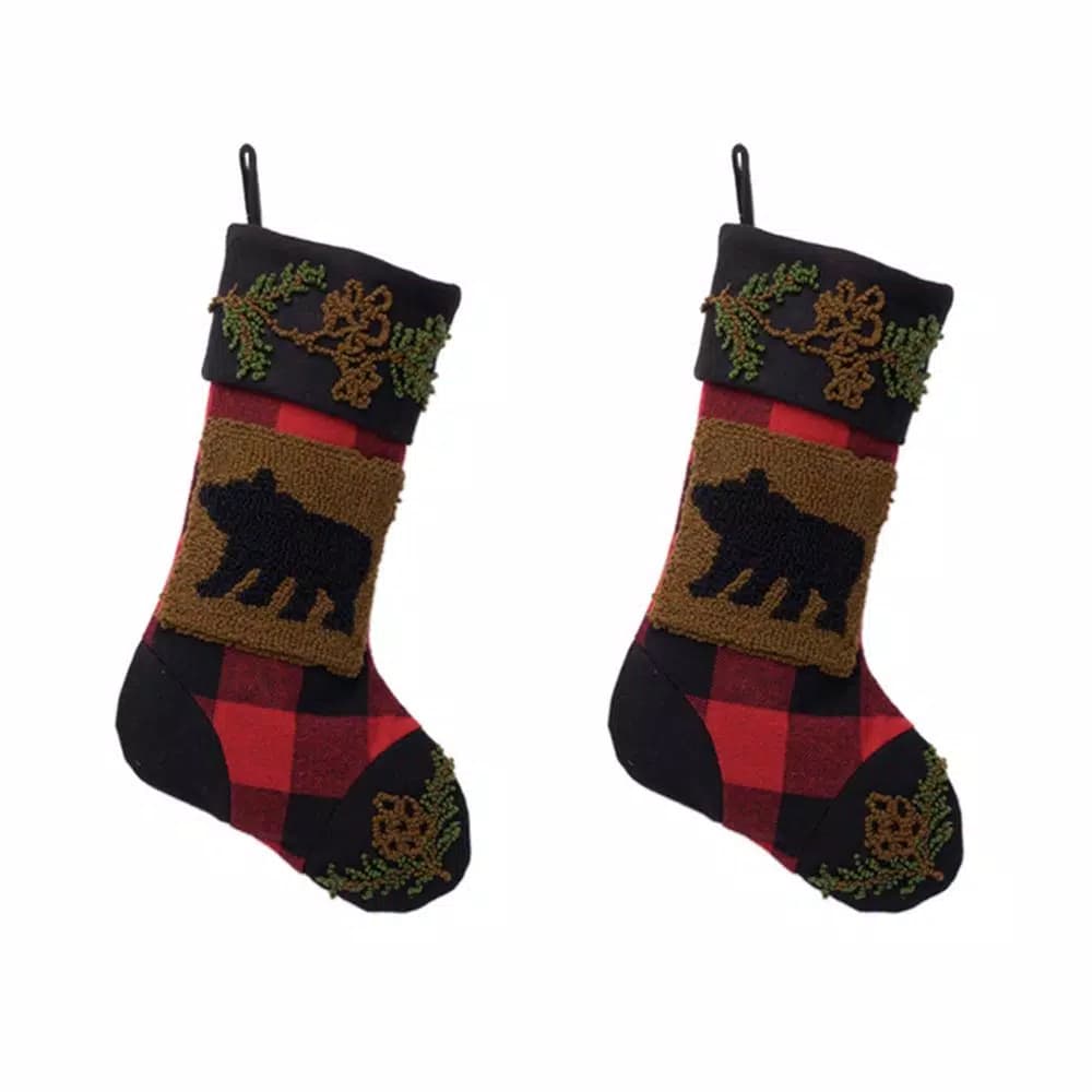 Glitzhome Plaid Bear Rug Hooked Christmas Stockings, 2-Pack