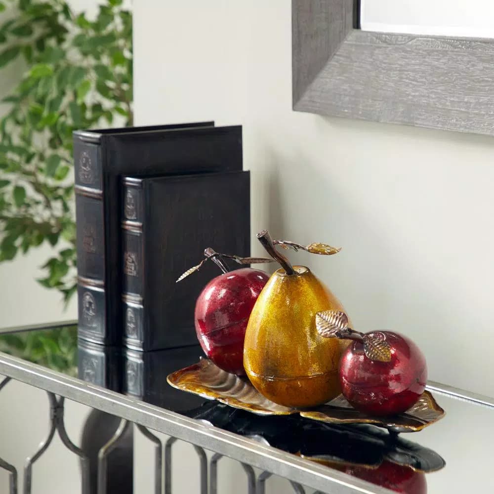 LITTON LANE Elegant Metal Fruit Sculpture Set - Golden Pear and Red Apples on Leaf Tray Base