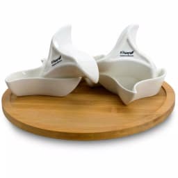 Elama Signature Collection Stoneware Appetizer Bowls with Bamboo Lazy Susan Serving Tray thumbnail 4
