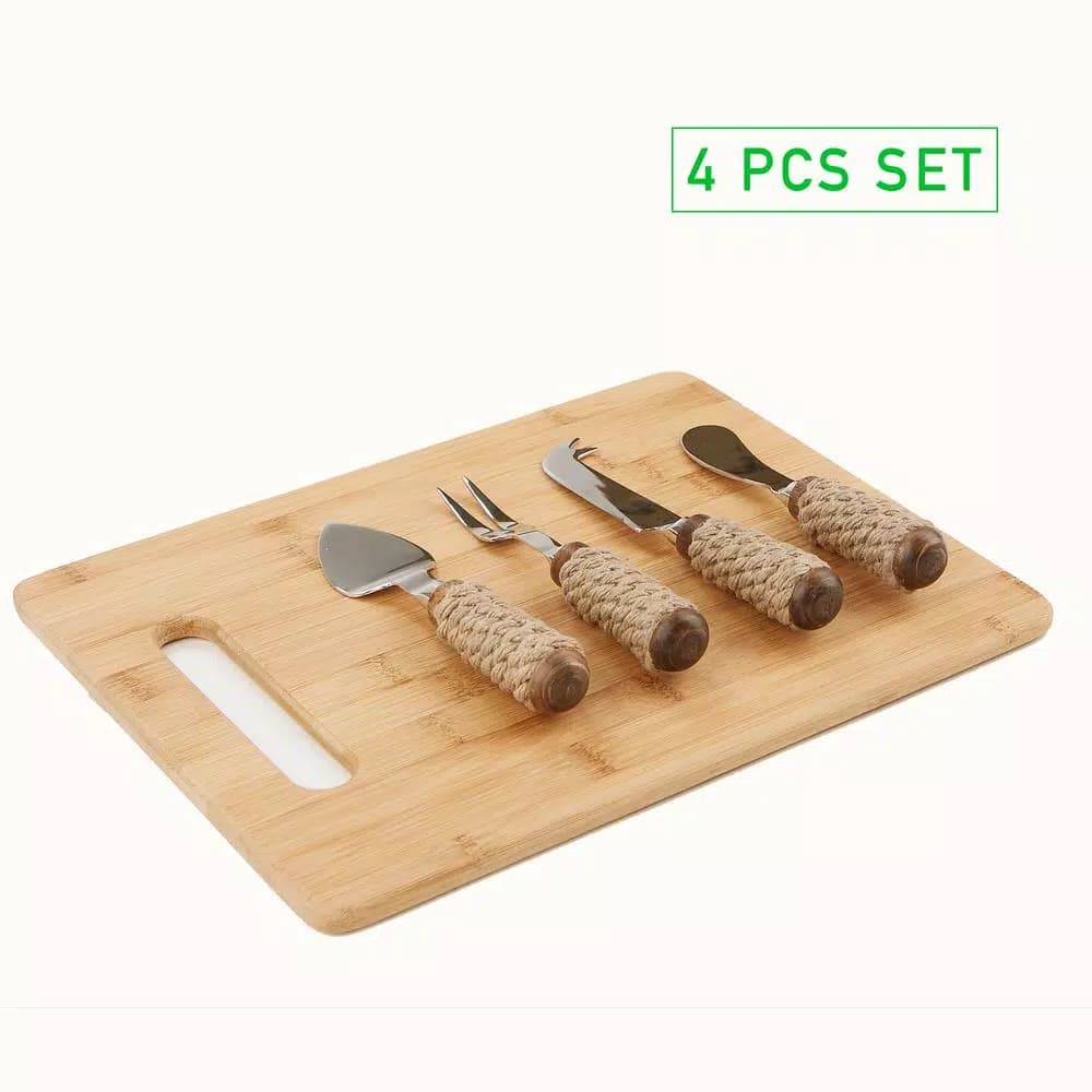 Mind Reader 4-Piece Stainless Steel Cheese Knife Set with Decorative Rope Wrapped Wood Handles