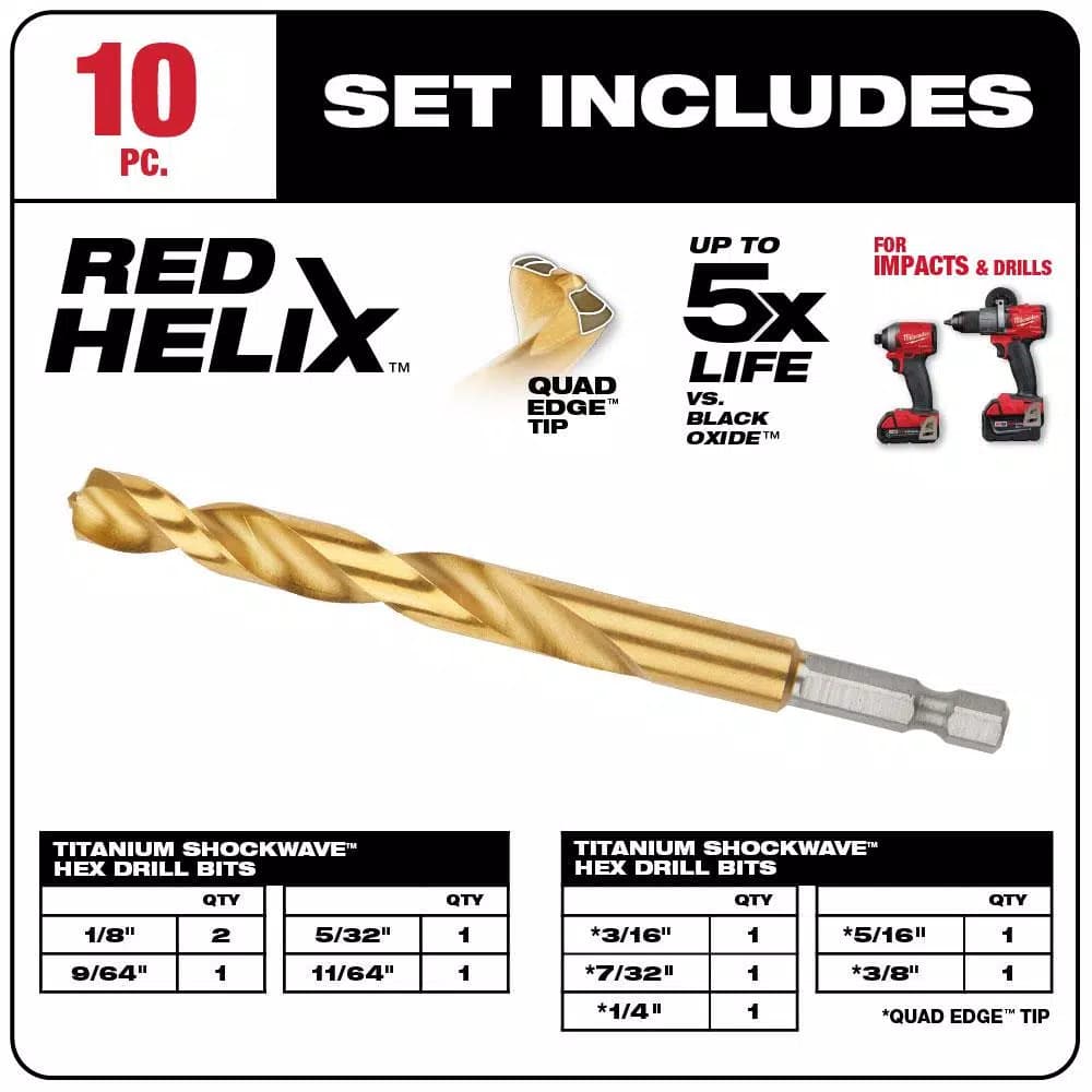 Milwaukee SHOCKWAVE Impact Duty Titanium Drill Bit Set, 10-Piece Red Helix