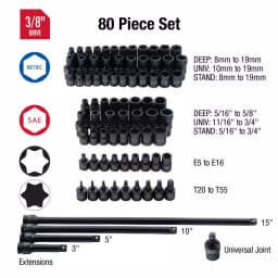 SUNEX TOOLS Sunex 3580 3/8 in. Drive Master Impact Socket Set, 80-Piece SAE & Metric thumbnail 3