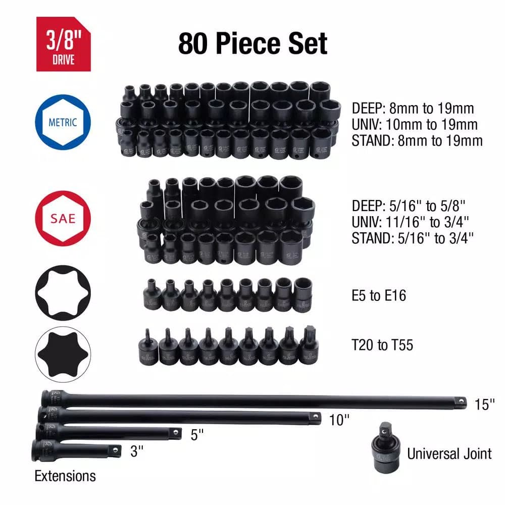 SUNEX TOOLS Sunex 3580 3/8 in. Drive Master Impact Socket Set, 80-Piece SAE & Metric