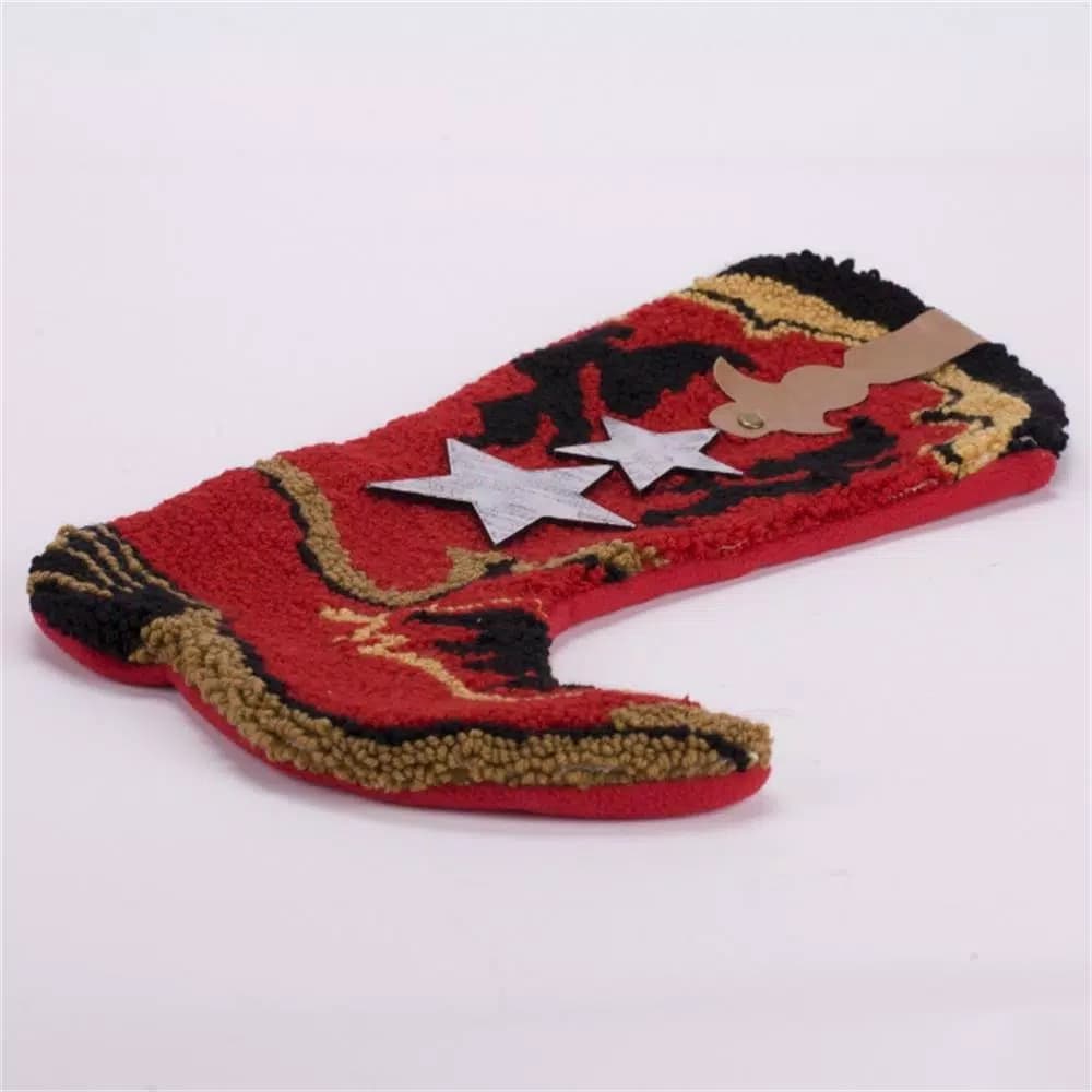 Glitzhome Red Cowboy Boot Christmas Stocking with Decorative Stars and Strap Detailing