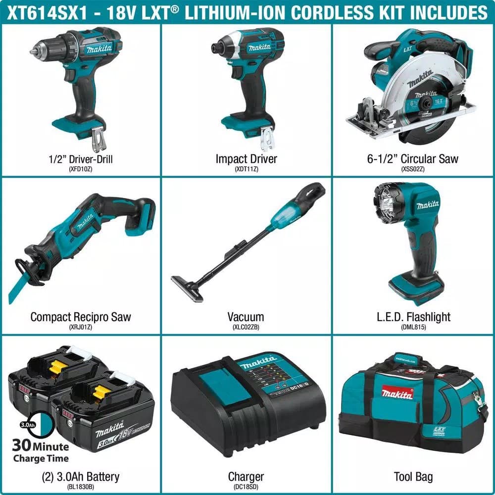 Makita 18V LXT Cordless 6-Piece Combo Kit with 3.0Ah Batteries and Charger