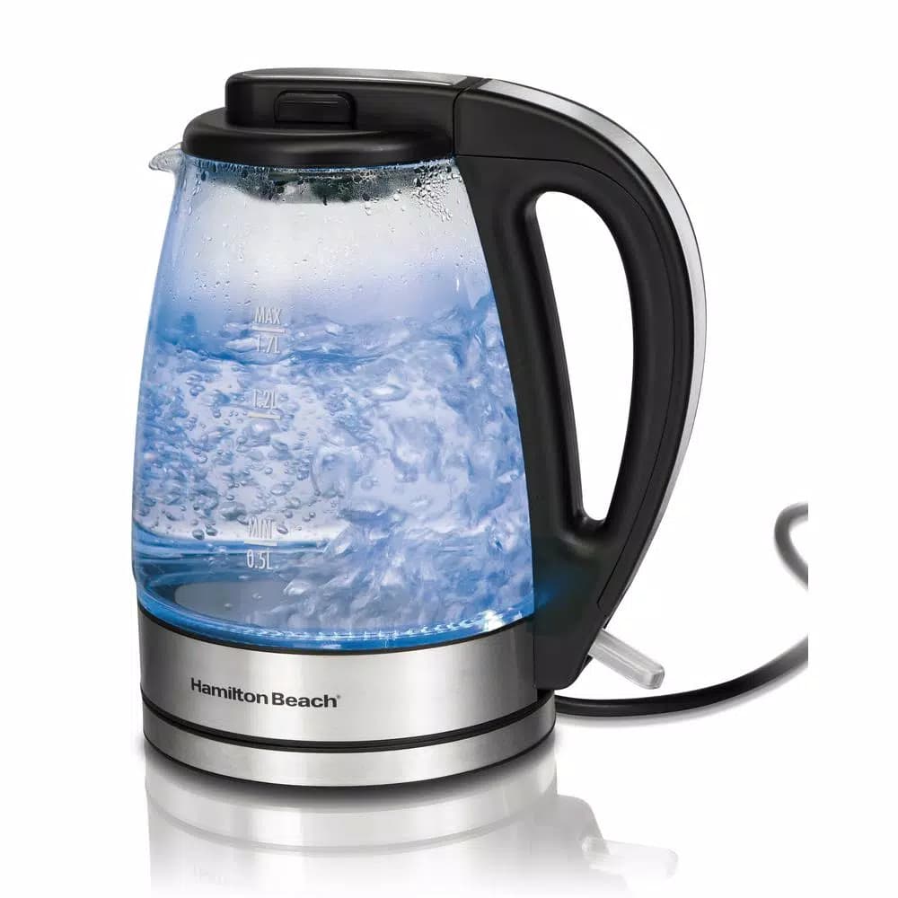 Hamilton Beach 1.7 Liter Glass Electric Kettle, 1500W Rapid Boil with Blue Illumination