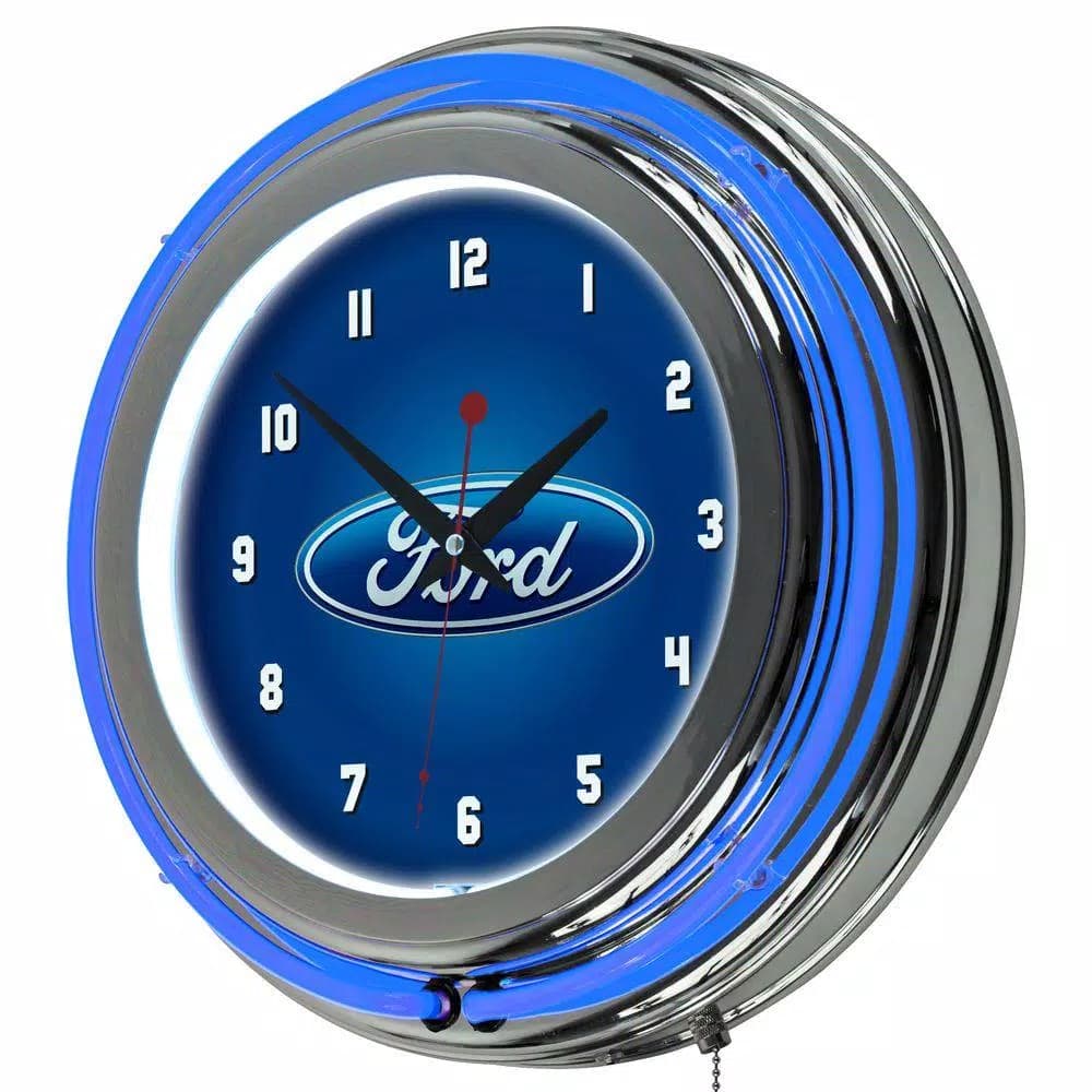 Ford Officially Licensed Double Ring Neon Wall Clock - Chrome Oval Design