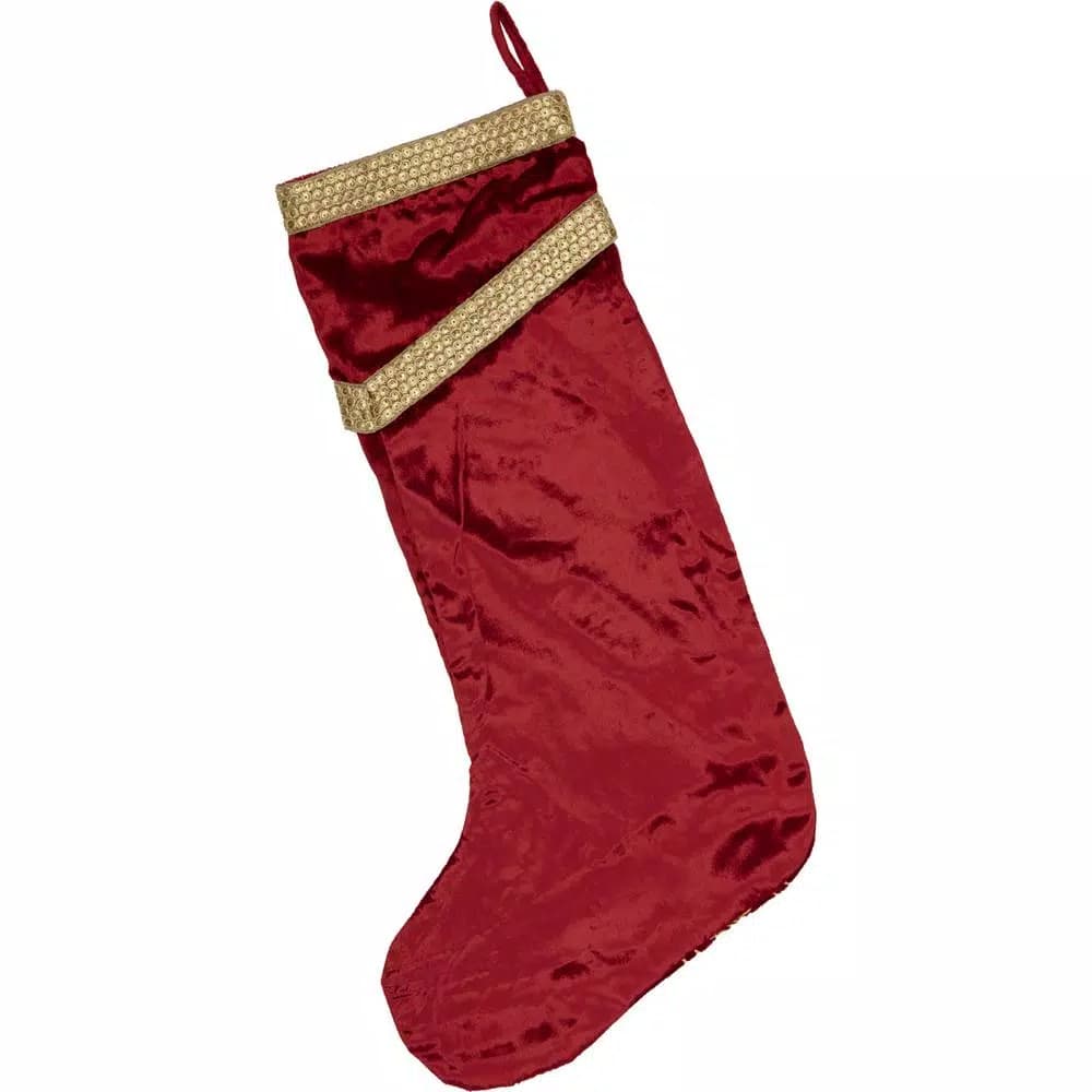 VHC Brands 20 in. Red Viscose Velvet Yule Christmas Stocking with Gold Paisley Embroidery