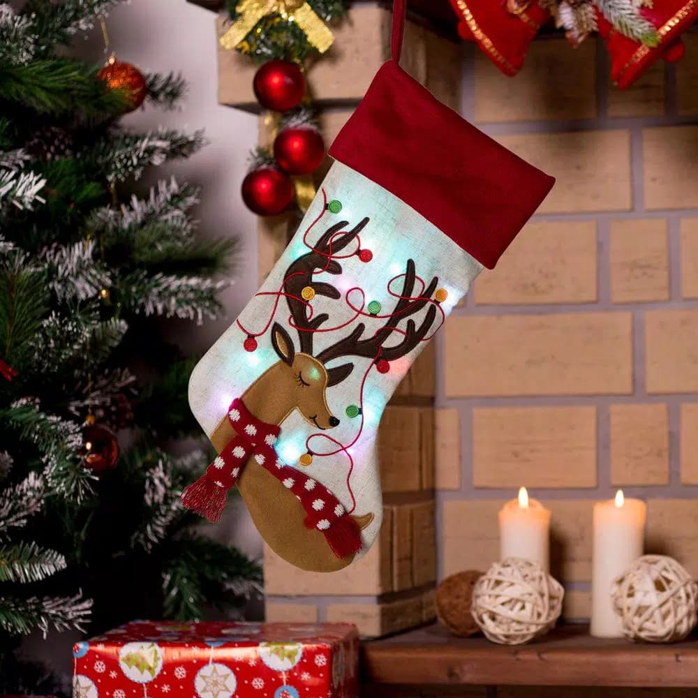 Glitzhome 21 in. LED Embroidered Linen Christmas Stocking - Reindeer Design