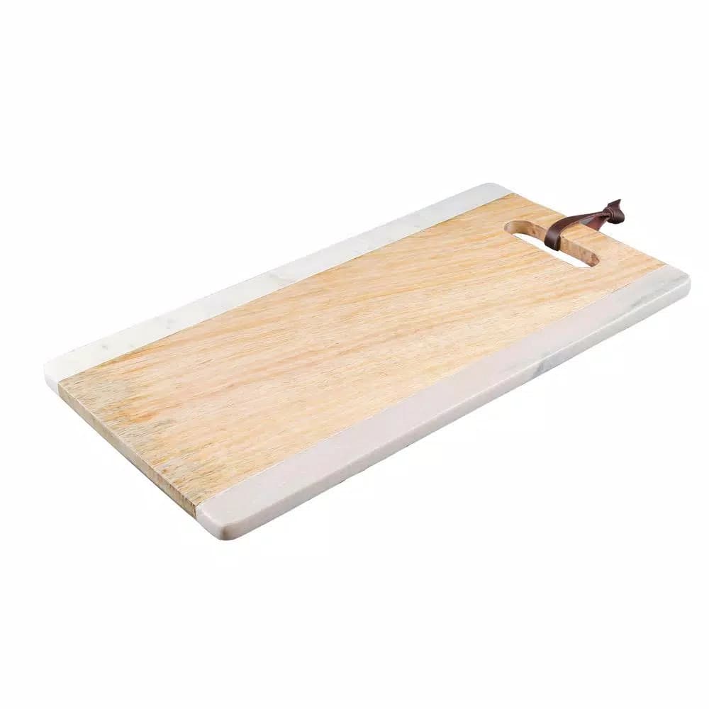 Thirstystone White and Pink Marble and Acacia Wood Serving Board with Leather Strap