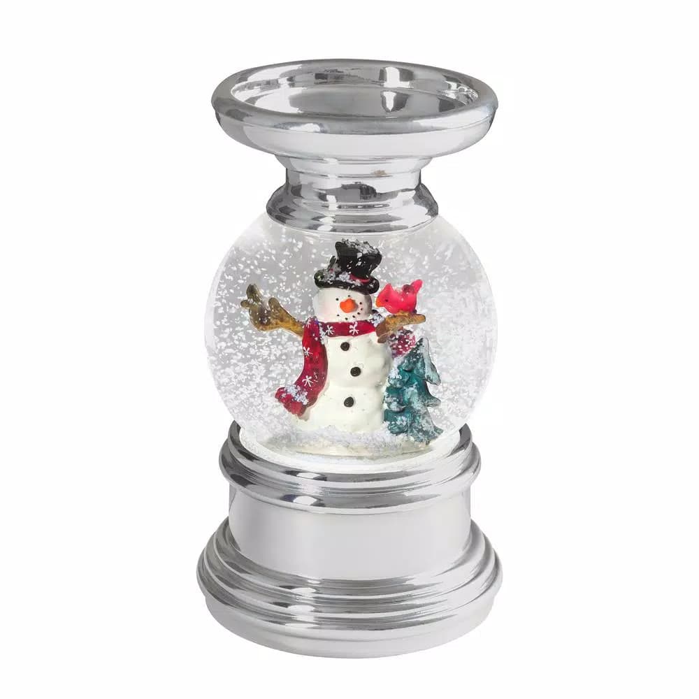 Haute Decor 7.5 in. Snowman and Cardinal Animated Snow Globe Candleholder with Silver Finish