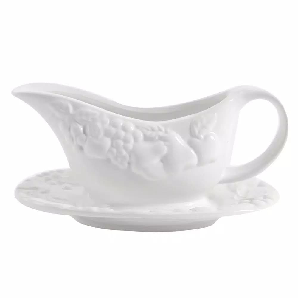 Gibson Home Fruitful 8 in. White Durastone Gravy Boat with Saucer