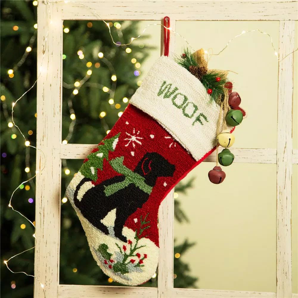 Glitzhome 20 in. Hooked Dog Design Christmas Stocking, Handmade Acrylic Yarn Holiday Decor