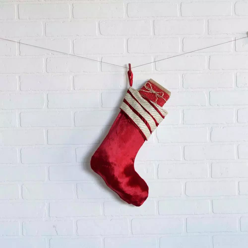 VHC Brands 15 in. Red Memories Glam Christmas Stocking with Gold Ribbon Embellishments