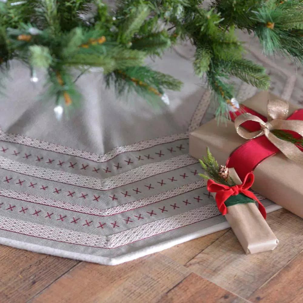 VHC Brands 48 in. Liv Pebble Grey Traditional Christmas Tree Skirt with Nordic Trim